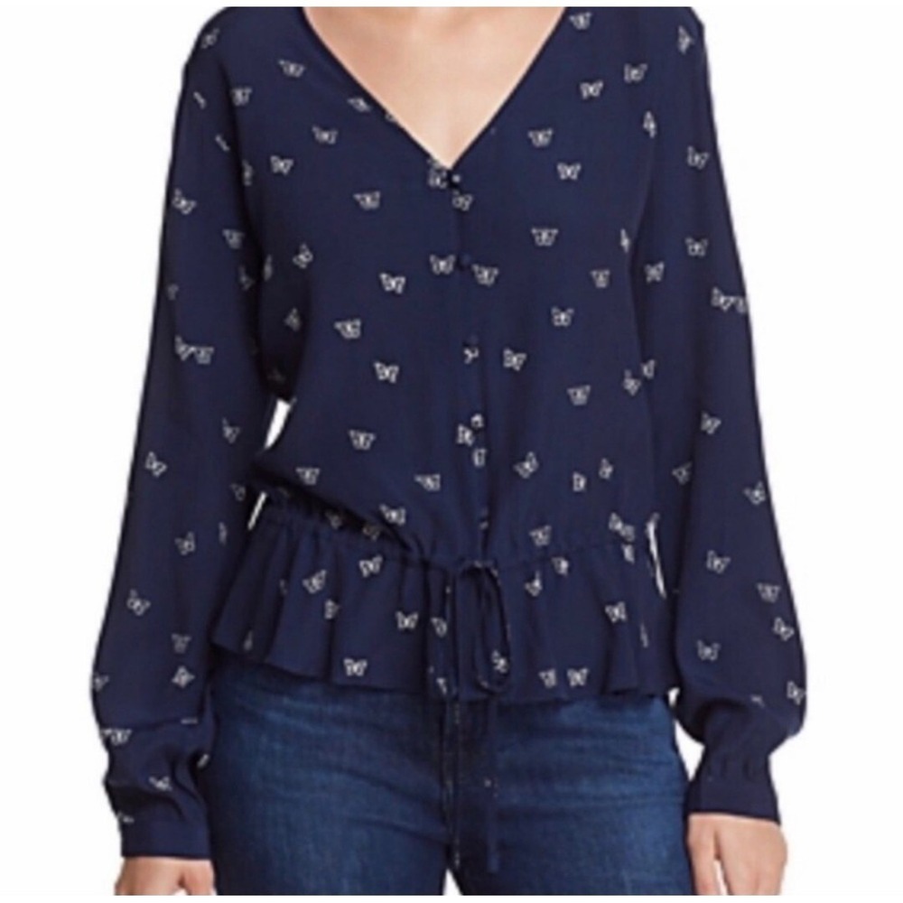 Rails Beaux Navy White‎ Butterfly Print Peplum Blouse V-Neck Rayon Top Medium